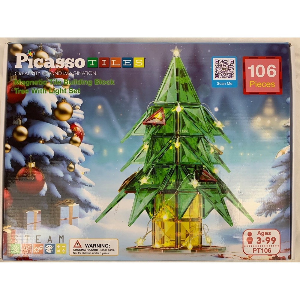 PicassoTiles 106pc Magnetic Tile‎ Christmas Tree Building Block Set w/Lights